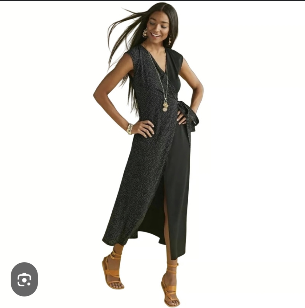 CAbi Black Midi Wrap Dress with Subtle Dot Detail